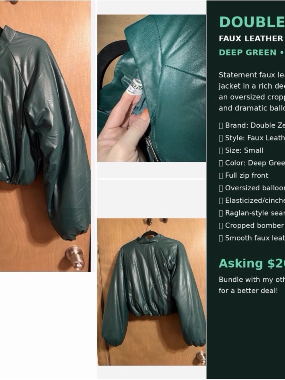 Double Zero Deep Teal Faux Leather Cropped Bomber Jacket